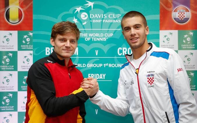 Borna Coric (R) of Croatia and David Goffin of Belgium pictured during the draw of the playing schedule for the Davis Cup first round World Group meeting between Belgium and Croatia, Thursday 03 March 2016, in Angleur, Liege. The first round will be played from 04 to 06 March 2016, Liege. BENOITxDOPPAGNE  x04803756x