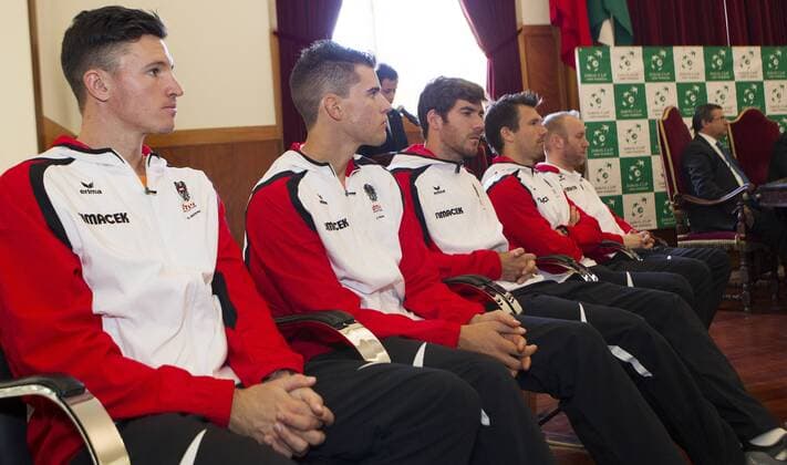Tennis, Davis Cup, Portugal - Österreich Pressetermin TENNIS - ITF, Davis Cup, POR vs AUT GUIMARAES,PORTUGAL,03.MAR.16 - TENNIS - ITF, Davis Cup, Portugal vs Austria, draw. Image shows Dennis Novak, Dominic Thiem, Gerald Melzer, Alexander Peya and Stefan Koubek (AUT). GEPAxpictures xMatthiasxHauer