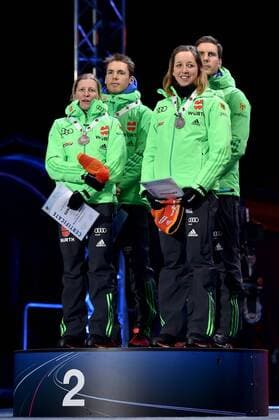 BIATHLON - IBU World Championships OSLO,NORWAY,03.MAR.16 - BIATHLON - IBU World Championships, relay 2x6km ladies and 2x7.5km men, mixed team, award ceremony. Image shows Franziska Hildebrand, Simon Schempp, Franziska Preuss and Arnd Peiffer (GER). Keywords: medal. GEPAxpictures xFlorianxErtl
