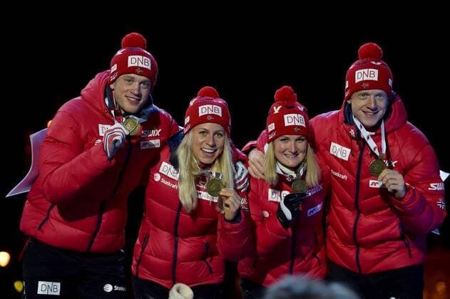 BIATHLON - IBU World Championships OSLO,NORWAY,03.MAR.16 - BIATHLON - IBU World Championships, relay 2x6km ladies and 2x7.5km men, mixed team, award ceremony. Image shows Tarjei Boe, Tiril Eckhoff, Marte Olsbu and Johannes Thingnes Boe (NOR). Keywords: medal. GEPAxpictures xFlorianxErtl