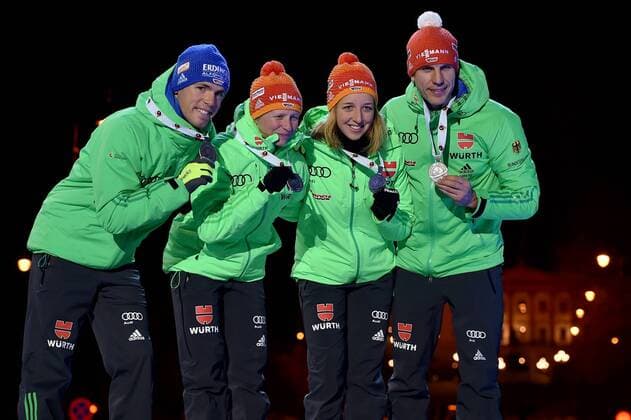 BIATHLON - IBU World Championships OSLO,NORWAY,03.MAR.16 - BIATHLON - IBU World Championships, relay 2x6km ladies and 2x7.5km men, mixed team, award ceremony. Image shows Simon Schempp, Franziska Hildebrand, Franziska Preuss and Arnd Peiffer (GER). Keywords: medal. GEPAxpictures xFlorianxErtl