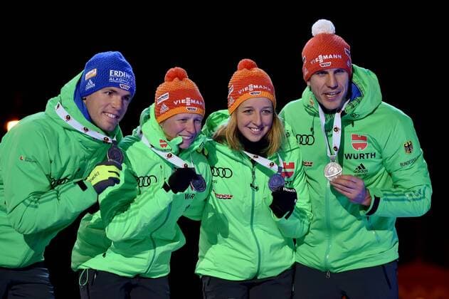 BIATHLON - IBU World Championships OSLO,NORWAY,03.MAR.16 - BIATHLON - IBU World Championships, relay 2x6km ladies and 2x7.5km men, mixed team, award ceremony. Image shows Simon Schempp, Franziska Hildebrand, Franziska Preuss and Arnd Peiffer (GER). Keywords: medal. GEPAxpictures xFlorianxErtl