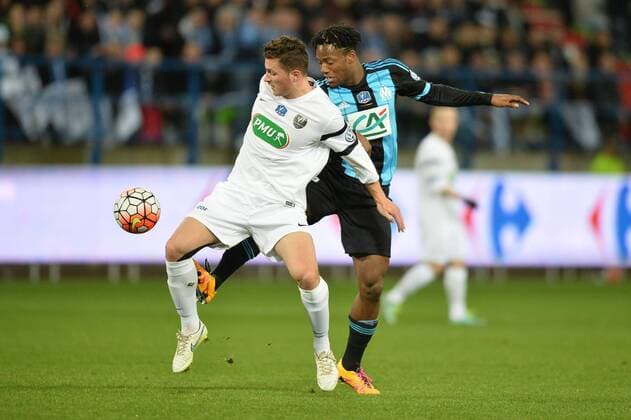 Michy Batshuayi (om) - PIERRE LEMONNIER (gra) - Fussball Frankreich, Coupe de France, US Granvillaise vs. Olympique Marseille - 03 03 2016 AnthonyBIBARD FEP Panoramic 