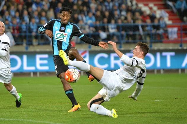 Michy Batshuayi (om) - PIERRE LEMONNIER (gra) - Fussball Frankreich, Coupe de France, US Granvillaise vs. Olympique Marseille - 03 03 2016 AnthonyBIBARD FEP Panoramic 