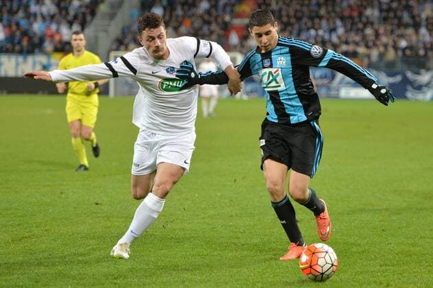 Abdelaziz Barrada (om) - PIERRE LEMONNIER (gra) - Fussball Frankreich, Coupe de France, US Granvillaise vs. Olympique Marseille - 03 03 2016 AnthonyBIBARD FEP Panoramic 