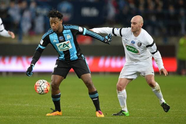 Michy Batshuayi (om) - MARIUS MUSINA (gra) - Fussball Frankreich, Coupe de France, US Granvillaise vs. Olympique Marseille - 03 03 2016 AnthonyBIBARD FEP Panoramic 