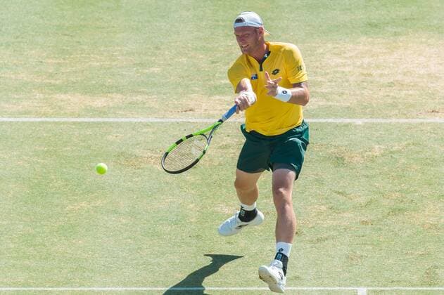 March 4, 2016: Sam Groth of Australia in action against John Isner of the USA during match one of the BNP Paribas Davis Cup World Group first round tie between Australia and USA at Kooyong tennis club in Melbourne, Australia. Tennis 2016: Davis Cup AUS v USA Day 1 - ZUMAc04_