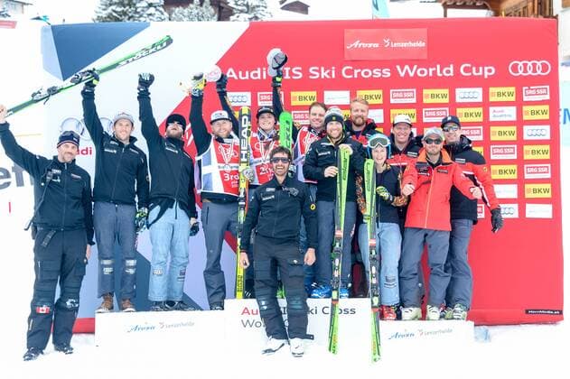 SKI CROSS - FIS SX WC Arosa AROSA,SWITZERLAND,04.MAR.16 - FREESTYLE SKIING - FIS World Cup, Ski Cross, ladies, men, award ceremony for the overall World Cup. Image shows the team Canada with the Nations Cup crystal globe. Keywords: grophy. GEPAxpictures xOliverxLerch