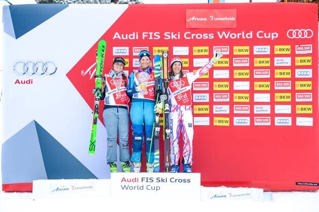 SKI CROSS - FIS SX WC Arosa AROSA,SWITZERLAND,04.MAR.16 - FREESTYLE SKIING - FIS World Cup, Ski Cross, ladies, men, award ceremony for the overall World Cup. Image shows Marielle Thompson (CAN), Anna Holmlund (SWE) and Alizee Baron (FRA). Keywords: crystal globe, trophy, medal. GEPAxpictures xOliverxLerch