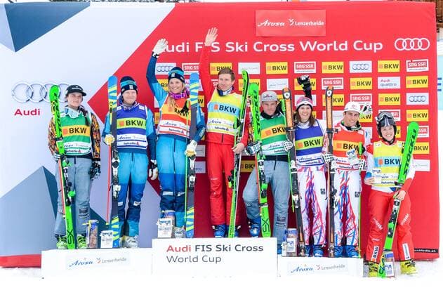 SKI CROSS - FIS SX WC Arosa AROSA,SWITZERLAND,04.MAR.16 - FREESTYLE SKIING - FIS World Cup, Ski Cross, ladies, men, award ceremony for the overall World Cup. Image shows Marielle Thompson (CAN), Victor Oehling Norberg (SWE), Anna Holmlund (SWE), Semen Denshchikov (RUS), Christopher Delbosco (CAN), Alizee Baron (FRA), Jean Frederic Chapuis (FRA) and Katrin Mueller (SUI). Keywords: crystal globe, trophy, medal. GEPAxpictures xOliverxLerch