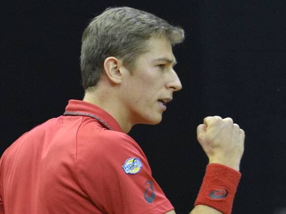 Belgian Kimmer Coppejans reacts during the first game, a single game between Belgian Kimmer Coppejans ATP Tennis Herren 122) and Croatian Marin Cilic (ATP 12) on the first day of the Davis Cup first round World Group meeting between Belgium and Croatia, Friday 04 March 2016, in Angleur, Liege. The first round will be played from 04 to 06 March 2016, Liege. BENOITxDOPPAGNE  x04804328x