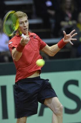 Belgian Kimmer Coppejans pictured in action during the first game, a single game between Belgian Kimmer Coppejans ATP Tennis Herren 122) and Croatian Marin Cilic (ATP 12) on the first day of the Davis Cup first round World Group meeting between Belgium and Croatia, Friday 04 March 2016, in Angleur, Liege. The first round will be played from 04 to 06 March 2016, Liege. BENOITxDOPPAGNE  x04804337x