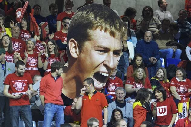 Belgian fans pictured during the first game, a single game between Belgian Kimmer Coppejans ATP Tennis Herren 122) and Croatian Marin Cilic (ATP 12) on the first day of the Davis Cup first round World Group meeting between Belgium and Croatia, Friday 04 March 2016, in Angleur, Liege. The first round will be played from 04 to 06 March 2016, Liege. BENOITxDOPPAGNE  x04804341x