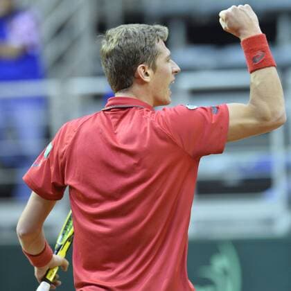 Belgian Kimmer Coppejans reacts during the first game, a single game between Belgian Kimmer Coppejans ATP Tennis Herren 122) and Croatian Marin Cilic (ATP 12) on the first day of the Davis Cup first round World Group meeting between Belgium and Croatia, Friday 04 March 2016, in Angleur, Liege. The first round will be played from 04 to 06 March 2016, Liege. BENOITxDOPPAGNE  x04804344x