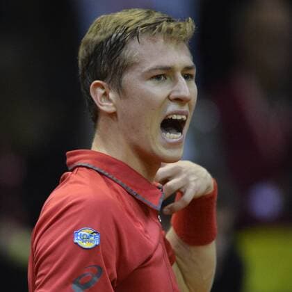 Belgian Kimmer Coppejans reacts during the first game, a single game between Belgian Kimmer Coppejans ATP Tennis Herren 122) and Croatian Marin Cilic (ATP 12) on the first day of the Davis Cup first round World Group meeting between Belgium and Croatia, Friday 04 March 2016, in Angleur, Liege. The first round will be played from 04 to 06 March 2016, Liege. BENOITxDOPPAGNE  x04804348x
