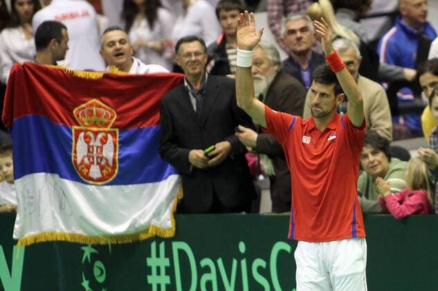 04.02.2016 Belgrade(Serbia) Serbia-Kazakhstan Davis Cup tennis Novak Djokovic Serbia celebrate victory : 