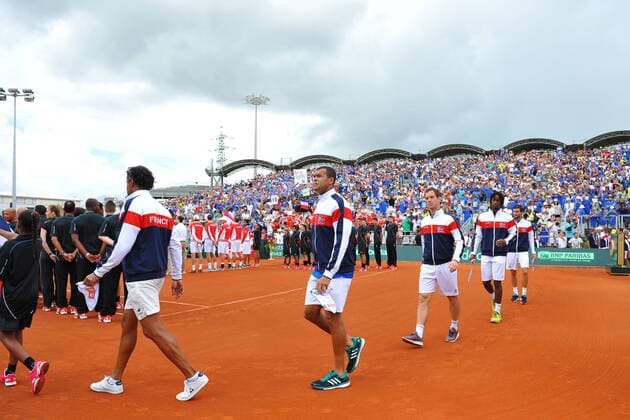 Tennis, Davis Cup, Frankreich - Kanada Mannschaftsbild France, Yannick Noah, Jo Wilfried Tsonga, Richard Gasquet et Gilles Simon TENNIS : Coupe Davis France vs Canada 2016 - 04 03 2016 TennisMagazine Panoramic 