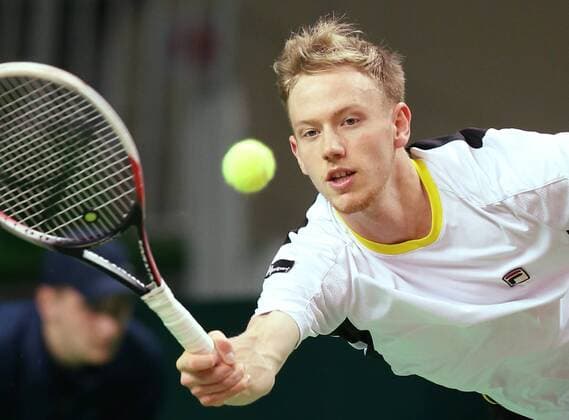 KAZAN, RUSSIA. MARCH 4, 2016. Sweden s Daniel Windahl returns a ball in a Davis Cup Group I Europe Africa Zone 1st Round tennis match against Russia at Kazan Tennis Academy. Russia won 6-3, 6-1, 6-1. Yegor Aleyev TASS  TS01893E