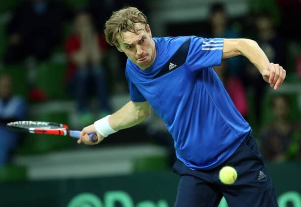 KAZAN, RUSSIA. MARCH 4, 2016. Sweden s Isak Arvidsson returns a ball in a Davis Cup Group I Europe Africa Zone 1st Round tennis match against Russia at Kazan Tennis Academy. Russia won 4-6, 6-1, 6-1, 6-4. Yegor Aleyev TASS  TS018924