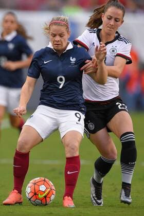 March 3, 2016 - Tampa, Florida, USA - French forward Eugenie Le Sommer (9) and Germany midfielder Sara Dabritz (23) fight for the ball during a She Believes Cup game at Raymond James Stadium on March 3, 2016 in Tampa, Florida. Germany won 1-0. Germany vs France - ZUMAm63_
