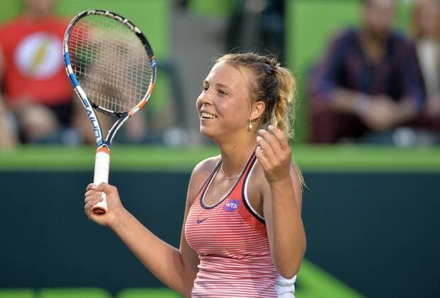 Estonian Anett kontaveit reacts after scoring a point against US Nicole Gibbs during a match of the Monterrey Open in Monterrey, Mexico, 04 March 2016. Monterrey Open tennis tournament !ACHTUNG: NUR REDAKTIONELLE NUTZUNG!  MEX102 20160305-635927411870234896