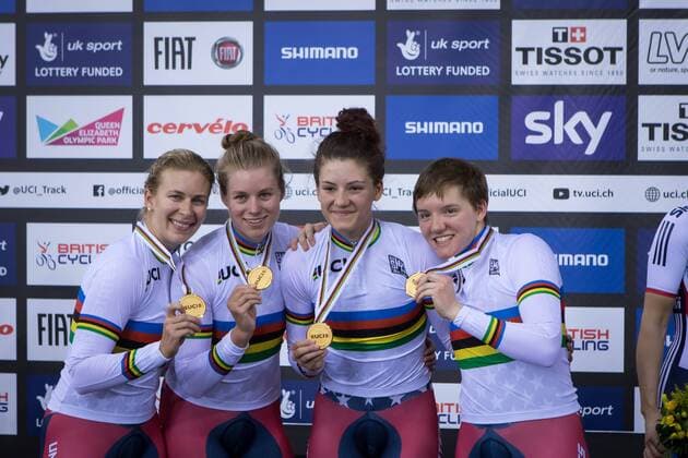 LONDON, March 4, 2016 -- The American team cyclists Sarah Hammer, Kelly Catlin, Chloe Dygert, Jennifer Valente pose for photograph during the awarding ceremony of the Women s Team Pursuit Final at the UCI 2016 Track cycling Rad Radsport Bahnrad Bahn World Championships in London, Britain on March 4, 2016. The American Team won the gold. ) (SP)BRITAIN-LONDON-TRACK CYCLING-WORLD CHAMPIONSHIPS RichardxWashbrooke 