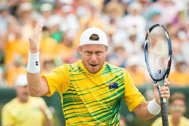 March 5, 2016 - Melbourne, Australia - LLEYTON HEWITT of Australia reacts after winning a point against Mike and Bob Bryan of USA during the doubles match of the BNP Paribas Davis Cup World Group first round tie between Australia and USA. Tennis 2016 - Davis Cup - Australia vs USA - ZUMAc04_