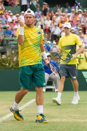 (160305) -- MELBOURNE, March 5, 2016 -- Lleyton Hewitt (L) and John Peers of Australia react during their men s doubles match against Bob Bryan Mike Bryan of USA during Davis Cup by BNP Paribas World Group first round tie between Australia and USA at Kooyong Lawn Tennis Club in Melbourne, Australia, on March 5, 2016. Bryan brothers won 3-2, giving USA a 2-1 lead over Australia. ) (SP)AUSTRALIA-MELBOURNE-TENNIS-DAVIS CUP BaixXue 