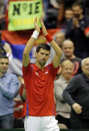 (160305) -- Belgrade, March 5, 2016 -- Serbia s Novak Djokovic gestures to audience after the match against Kazakhstan s Aleksandr Nedovyesov during the Davis Cup World Group first round single match between Serbia and Kazakhstan in Belgrade, on March 4, 2016. Djokovic won 3-0. ) (SP)SERBIA-BELGRADE-TENNIS-DAVIS CUP-SERBIA VS KAZAKHSTAN PredragxMilosavljevic 
