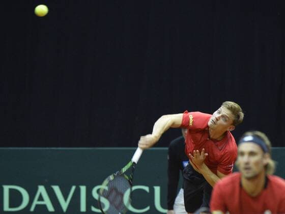 Belgian Steve Darcis pictured in action during the third game, a double game between Belgians Steve Darcis and Ruben Bemelmans and Croatians Ivan Dodig and Franko Skogur, on the second day of the Davis Cup first round World Group meeting between Belgium and Croatia, Saturday 05 March 2016, in Angleur, Liege. BENOITxDOPPAGNE  x04804978x