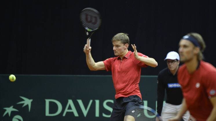 Belgian David Goffin and Belgian Ruben Bemelmans pictured during the third game, a double game between Belgians David Goffin and Ruben Bemelmans and Croatians Ivan Dodig and Franko Skogur, on the second day of the Davis Cup first round World Group meeting between Belgium and Croatia, Saturday 05 March 2016, in Angleur, Liege. BENOITxDOPPAGNE  x04804976x