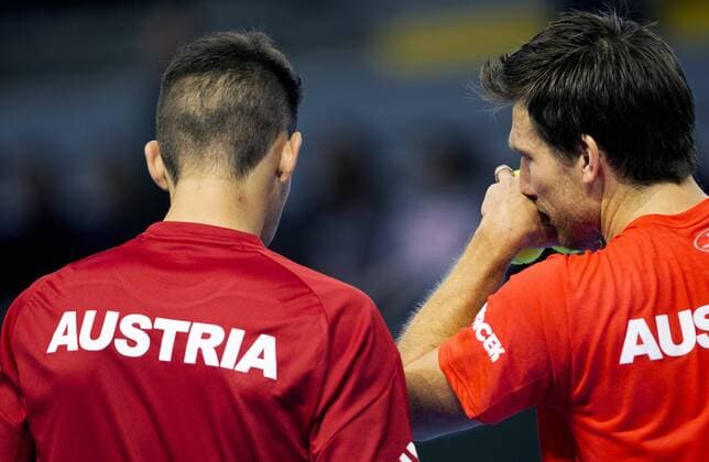 TENNIS - ITF, Davis Cup, POR vs AUT GUIMARAES,PORTUGAL,05.MAR.16 - TENNIS - ITF, Davis Cup, Portugal vs Austria, doubles. Image shows Dominic Thiem and Alexander Peya (AUT). GEPAxpictures xMatthiasxHauer
