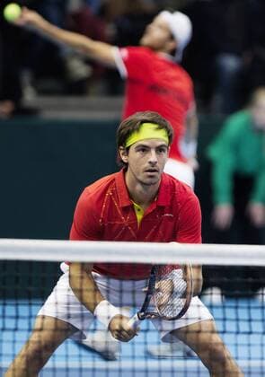 TENNIS - ITF, Davis Cup, POR vs AUT GUIMARAES,PORTUGAL,05.MAR.16 - TENNIS - ITF, Davis Cup, Portugal vs Austria, doubles. Image shows Gastao Elias and Joao Sousa (POR). GEPAxpictures xMatthiasxHauer