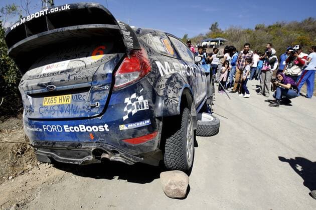French driver Eric Camilli after his Ford Fiesta RS WRC Motorsport Rallye WM suffers an accident during the second day of competition of the 13th Rally World Championship WM Weltmeisterschaft in Leon, Mexico, 05 March 2016. The event will run until next 06 March. 13TH RALLY WORLD CHAMPIONSHIP IN MEXICO !ACHTUNG: NUR REDAKTIONELLE NUTZUNG!  20160305-635928053854182390
