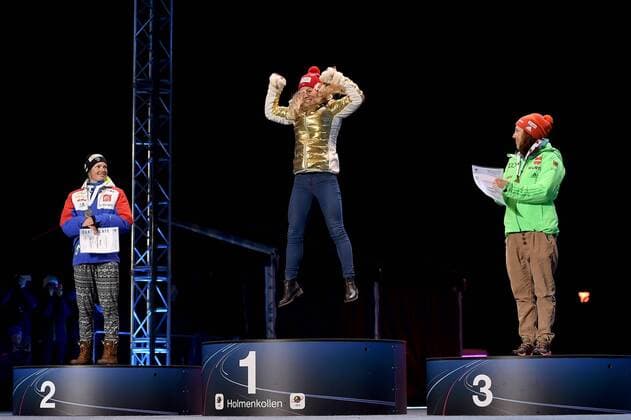 BIATHLON - IBU WC Oslo 2016 OSLO,NORWAY,05.MAR.16 - BIATHLON - IBU World Championships, 7.5km sprint, ladies, award ceremony. Image shows Marie Dorin Habert (FRA), Tiril Eckhoff (NOR) and Laura Dahlmeier (GER). Keywords: medal. GEPAxpictures xFlorianxErtl