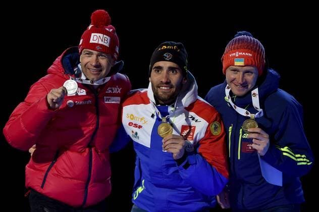 BIATHLON - IBU WC Oslo 2016 OSLO,NORWAY,05.MAR.16 - BIATHLON - IBU World Championships, 10km sprint, men, award ceremony. Image shows Ole Einar Bjoerndalen (NOR), Martin Fourcade (FRA) and Sergey Semenov (UKR). Keywords: medal. GEPAxpictures xFlorianxErtl