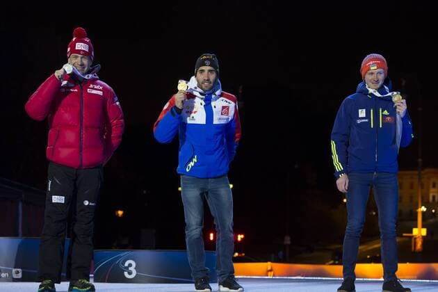 05.03.2016. Oslo Holmenkollen, Oslo, Norway. IBU Biathlon World Cup. Day One. Ole Einar Bjoerndalen of Norway second place, Martin Fourcade of France first place and Sergey Semenov of Ukraine third place winner of men 10km at the medal ceremony during the IBU World Championships Biathlon in Holmenkollen Oslo, Norway. xNigelxWaldronx  ActionPlus11715014