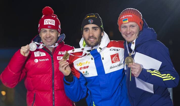 05.03.2016. Oslo Holmenkollen, Oslo, Norway. IBU Biathlon World Cup. Day One. Ole Einar Bjoerndalen of Norway second place, Martin Fourcade of France first place and Sergey Semenov of Ukraine third place winner of men 10km at the medal ceremony during the IBU World Championships Biathlon in Holmenkollen Oslo, Norway. xNigelxWaldronx  ActionPlus11715015