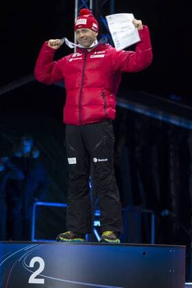 05.03.2016. Oslo Holmenkollen, Oslo, Norway. IBU Biathlon World Cup. Day One. Ole Einar Bjoerndalen of Norway second place winner of men 10km at the medal ceremony during the IBU World Championships Biathlon in Holmenkollen Oslo, Norway. xNigelxWaldronx  ActionPlus11715032