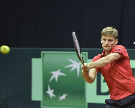 Belgian David Goffin pictured during the fourth game between Belgian David Goffin and Croatian Marin Cilic, on the third day of the Davis Cup first round World Group meeting between Belgium and Croatia, Sunday 06 March 2016, in Angleur, Liege. BENOITxDOPPAGNE  x04805763x