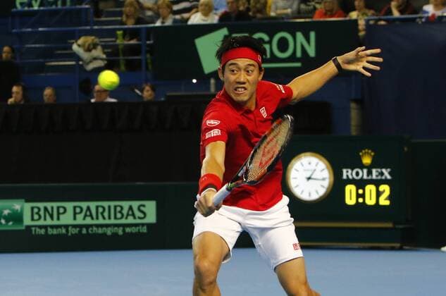 06.03.2016. Barclaycard Arena, Birmingham, England. Davis Cup Tennis World Group First Round. Great Britain versus Japan. Japan s Kei Nishikori hits a backhand during his singles match against Great Britain s Andy Murray on day 3 of the tie. xAlanxMartinx  ActionPlus11715063