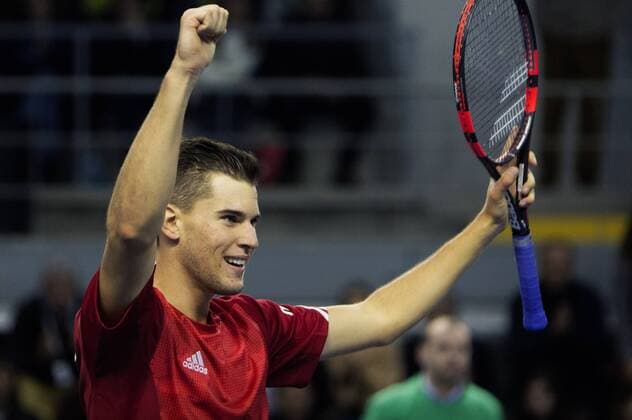 Tennis, Davis Cup, Portugal - Österreich TENNIS - ITF, Davis Cup, POR vs AUT GUIMARAES,PORTUGAL,06.MAR.16 - TENNIS - ITF, Davis Cup, Portugal vs Austria. Image shows the rejoicing of Dominic Thiem (AUT). GEPAxpictures xMatthiasxHauer