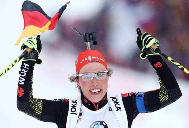Biathlon, WC in Oslo, Laura Dahlmeier gewinnt 10km Verfolgung OSLO, NORWAY. MARCH 6, 2016. Biathlete Laura Dahlmeier of Germany reacts as she wins the women s 10km pursuit race at the 2016 IBU Biathlon World Championships in Holmenkollen, Oslo. Stanislav Krasilnikov TASS  TS018B8A