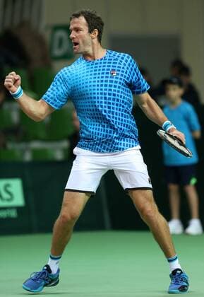 Tennis, Davis Cup, Russland - Schweden KAZAN, RUSSIA. MARCH 6, 2016. Russia s tennis player Teimuraz (Teymuraz) Gabashvili pumps his fist in Rubber 4 of the Davis Cup Group I Europe Africa Zone 1st Round tie against Sweden at Kazan Tennis Academy. Gabashvili won 6-4, 6-0. Russia won the tie 5-0. Yegor Aleyev TASS  TS018B29