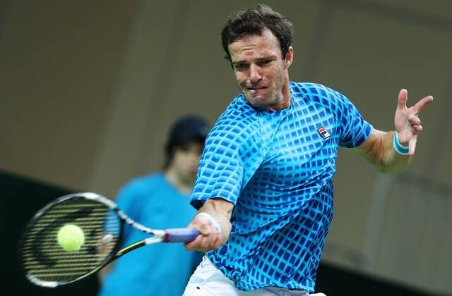Tennis, Davis Cup, Russland - Schweden KAZAN, RUSSIA. MARCH 6, 2016. Russia s tennis player Teimuraz (Teymuraz) Gabashvili returns the ball in Rubber 4 of the Davis Cup Group I Europe Africa Zone 1st Round tie against Sweden at Kazan Tennis Academy. Gabashvili won 6-4, 6-0. Russia won the tie 5-0. Yegor Aleyev TASS  TS018B12