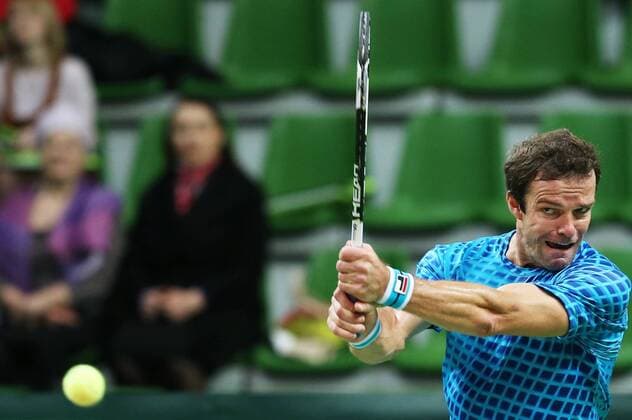 Tennis, Davis Cup, Russland - Schweden KAZAN, RUSSIA. MARCH 6, 2016. Russia s tennis player Teimuraz (Teymuraz) Gabashvili returns the ball in Rubber 4 of the Davis Cup Group I Europe Africa Zone 1st Round tie against Sweden at Kazan Tennis Academy. Gabashvili won 6-4, 6-0. Russia won the tie 5-0. Yegor Aleyev TASS  TS018B13
