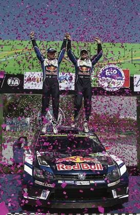 Finnish Miikka Anttila (L) and Jari-Matti Latvala (R) celebrate after winning the Mexico Rally Championship of the 13th Rally World Championship WM Weltmeisterschaft in Leon, Mexico, 06 March 2016. 13TH RALLY WORLD CHAMPIONSHIP IN MEXICO !ACHTUNG: NUR REDAKTIONELLE NUTZUNG!  20160307-635929103343314222