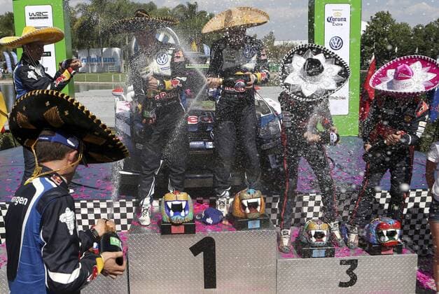 (L-R) French Sebastien Ogier and Julien Ingrassia, Finnish Miikka Anttila and Jari-Matti Latvala and Spanish Daniel Sordo and Marc Marti celebrate on the podium at the end of the Mexico Rally Championship of the 13th Rally World Championship WM Weltmeisterschaft in Leon, Mexico, 06 March 2016. 13TH RALLY WORLD CHAMPIONSHIP IN MEXICO !ACHTUNG: NUR REDAKTIONELLE NUTZUNG!  20160307-635929107837206222
