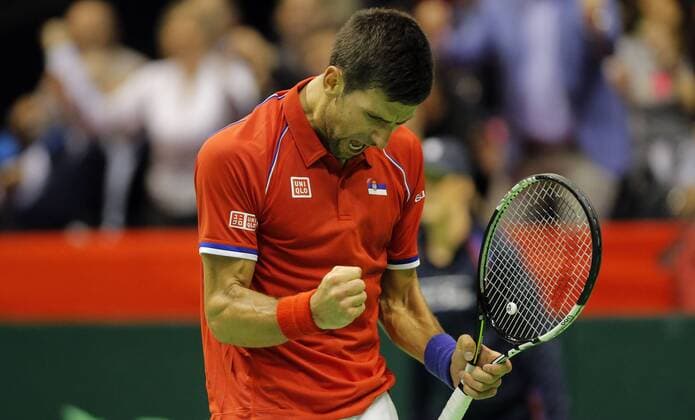 BELGRADE, March 6, 2016 -- Serbia s tennis player Novak Djokovic celebrates victory against Kazakhstan s Mikhail Kukushkin during the Davis Cup World Group first round match between Serbia and Kazakhstan at Aleksandar Nikolic hall in Belgrade, on March 6, 2016. Djokovic won 3-2. ) (SP)SERBIA-BELGRADE-TENNIS-DAVIS CUP-SERBIA VS KAZAKHSTAN PredragxMilosavljevic 