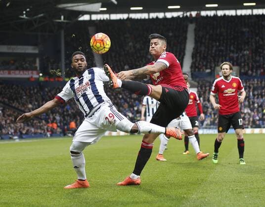 Stephane Sessegnon of West Bromwich Albion tussles with Marcos Rojo of Manchester United ManU - English Premier League - West Bromwich Albion vs Manchester Utd - The Hawthorns Stadium - West Bromwich - England - 6th March 2016 - Picture Simon Bellis Sportimage EDITORIAL USE ONLY. No use with unauthorised audio, video, data, fixture lists, club league logos or live services. Online in-match use limited to 120 images, no video emulation. No use in betting, games or single club league player publications.